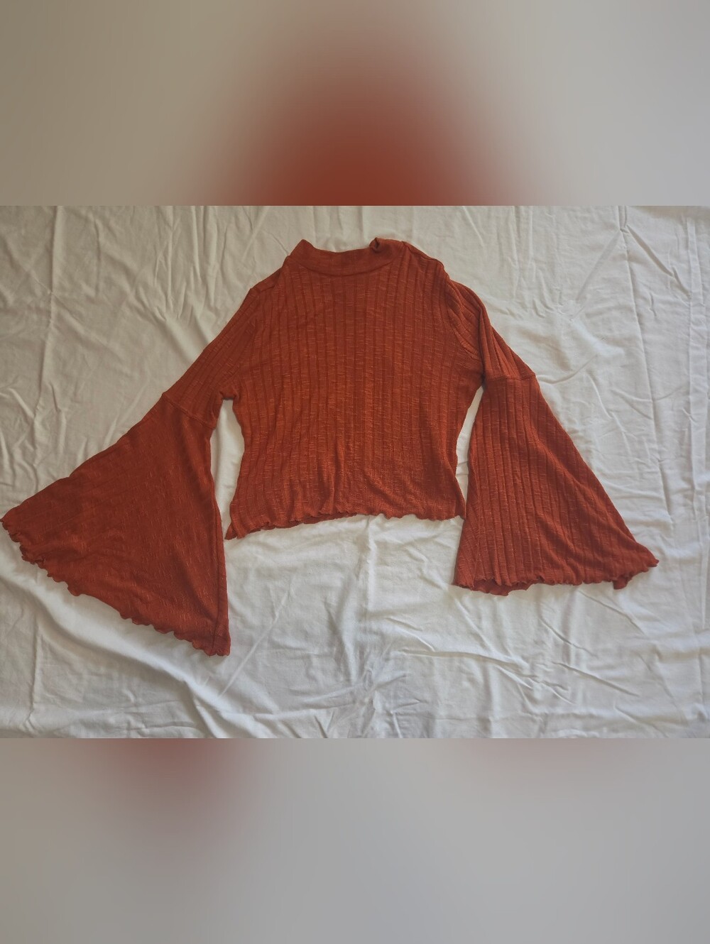 Rust Ribbed Women’s Top With Extreme Flared Sleeves, Size M By Shyanne